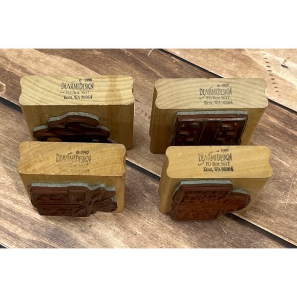 DENAMI DESIGN WOOD MOUNTED RUBBER STAMP SET OF 4 HOLIDAY GIFT BOX JOY - Picture 2 of 7